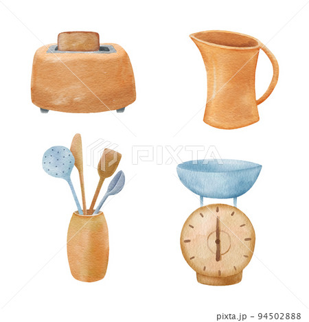 Watercolor cute kitchen tool. Scales, toaster drawing. Cooking hand drawn illustrations set isolated on white background 94502888