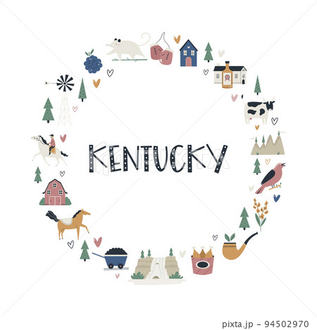 Kentucky map state with landmarks and symbols. 94502970