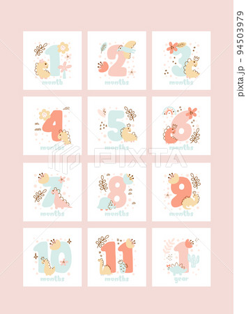 Set of baby milestone cards for newborn girl from one month to one year. Baby shower print with cute animal dino and flowers capturing all special moments 94503979