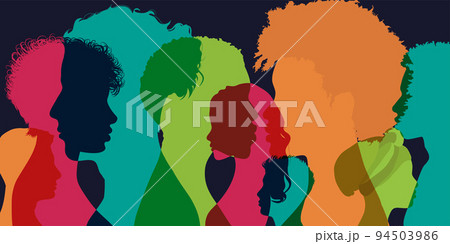 Poster silhouette side group of men and women of diverse cultures. Diversity multicultural people. Concept of racial equality and anti-racism. Multiethnic community. Empowerment. Allyship 94503986