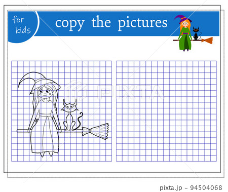 Copy the picture, educational games for children, cartoon witch flying on a broom with a cat. vector Copy the picture, educational games for children, cartoon witch flying on a broom with a cat. vector 94504068