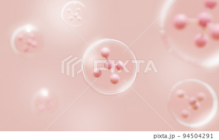 Molecule atoms inside bubbles on pink skin background. Cosmetics skincare or human skin treatment and solution. 3d illustration rendering Molecule atoms inside bubbles on pink skin background. Cosmetics skincare or human skin treatment and solution. 3d illustration rendering 94504291
