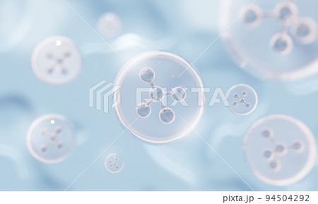Closeup of molecule atoms structures inside vitamin bubbles on blue liquid serum background. Cosmetics skincare or human skin treatment and solution. 3d illustration rendering 94504292