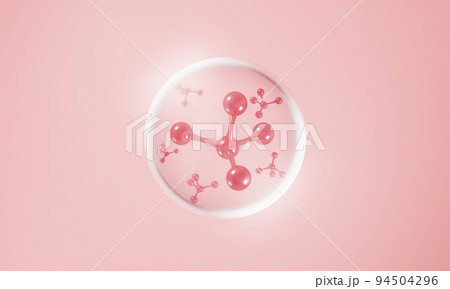 Molecule atoms inside bubbles on pink skin background. Cosmetics skincare or human skin treatment and solution. 3d illustration rendering 94504296