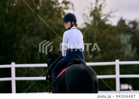 Sports training. Young sportive girl, professional rider in sports uniform and helmet practicing at riding arena in summer day, outdoors. Horseback riding Sports training. Young sportive girl, professional rider in sports uniform and helmet practicing at riding arena in summer day, outdoors. Horseback riding 94504487