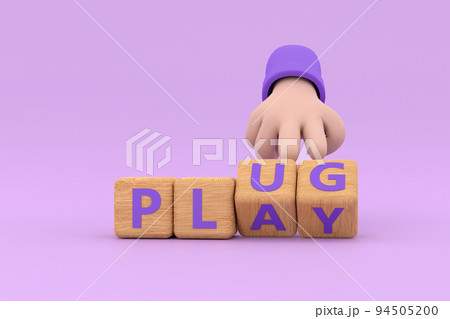 Hand turns dice and changes the word "plug" to "play". 94505200