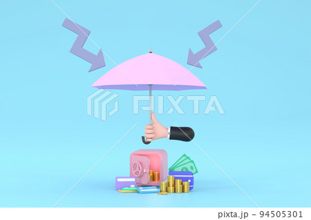 hand hold umbrella Piles of golden coins, banknotes and safe. hand hold umbrella Piles of golden coins, banknotes and safe. 94505301
