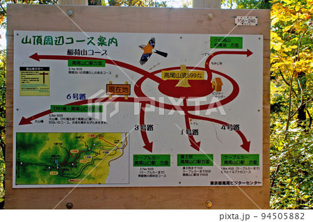 【東京】秋の高尾山　登山道6号路に設置された山頂周辺コース案内 94505882