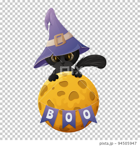 Cute halloween black cat in a sorcery hat and full moon with garland from flags. Text boo.  94505947