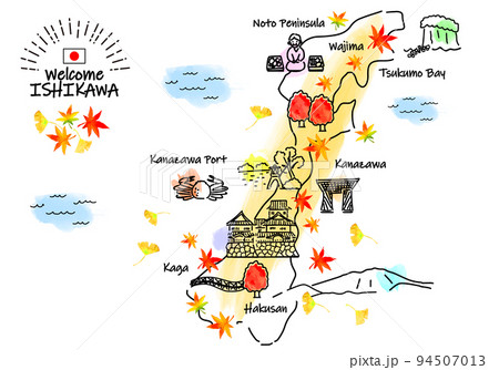 秋の石川県の観光地のシンプル線画イラストマップ 秋の石川県の観光地のシンプル線画イラストマップ 94507013