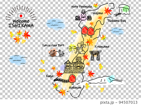 秋の石川県の観光地のシンプル線画イラストマップ 秋の石川県の観光地のシンプル線画イラストマップ 94507013