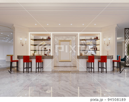 Bar area in a restaurant with a bar counter and shelves with drinks and red bar stools. 94508189
