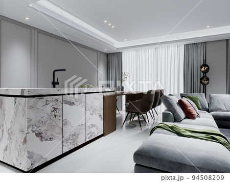 Marble kitchen island in living room with dining table and chairs. 94508209