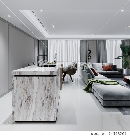 Marble kitchen island in living room with dining table and chairs. 94508261