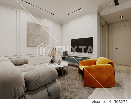 Living room in a studio apartment in a modern style with a puffy sofa and an orange armchair with a coffee table with decor. 94508275