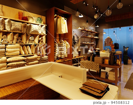 Design of a clothing and footwear store in a modern style with mannequins in the evening lighting. 94508312