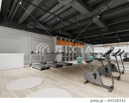 Small gym design with treadmills and exercise bikes in black and white. Small gym design with treadmills and exercise bikes in black and white. 94508342