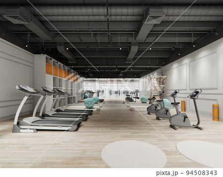 Small gym design with treadmills and exercise bikes in black and white. Small gym design with treadmills and exercise bikes in black and white. 94508343