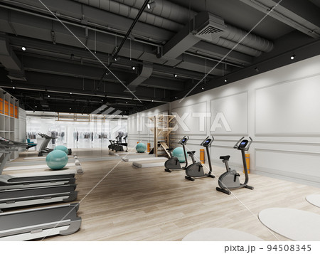 Small gym design with treadmills and exercise bikes in black and white. Small gym design with treadmills and exercise bikes in black and white. 94508345