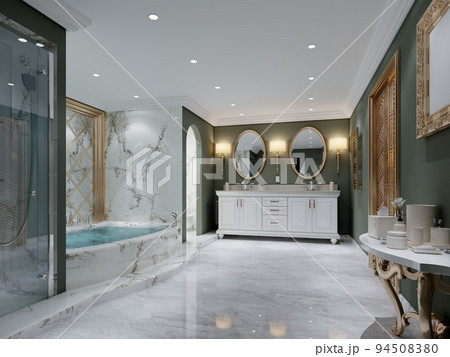 Bathroom with green walls and white double washbasin with two oval mirrors. 94508380