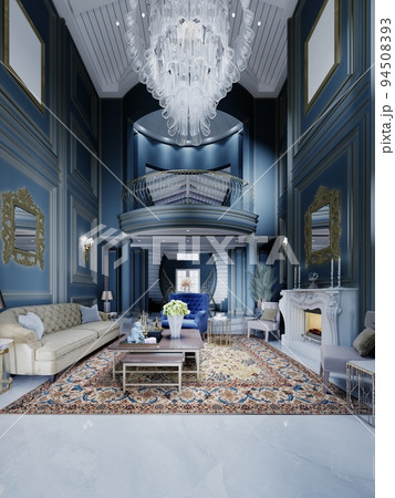 Huge classic interior of the seating area with dark blue walls with cobalt armchairs and a yellow sofa. Huge classic interior of the seating area with dark blue walls with cobalt armchairs and a yellow sofa. 94508393