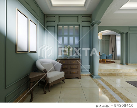 Entrance hall with an armchair, a table and a chest of drawers in a green interior in a classic style. 94508410