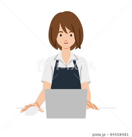 デスクで座ってPCを使っている店員の女性 94508481