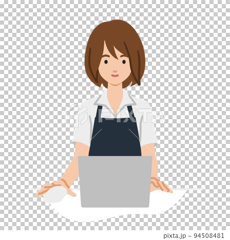 デスクで座ってPCを使っている店員の女性 94508481