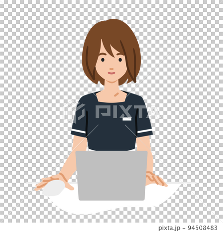 一位坐在辦公桌前使用 PC 的女性美容院店員、接待員和服務員 94508483