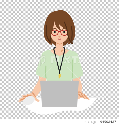 デスクで座ってPCを使っている教師の女性 94508487