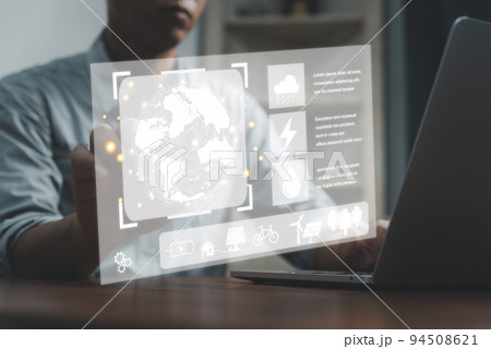 Businessman touching screen virtual icon eco energy sustainable environment digital technology concept. 94508621