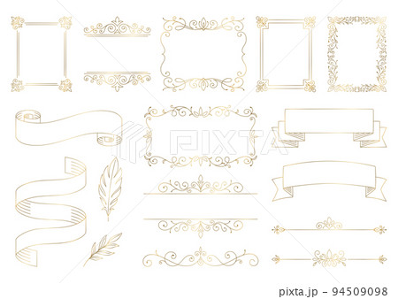 レトロな装飾フレームのセット, シンプルなゴールドの線の飾り枠, デザイン用の装飾コレクション. レトロな装飾フレームのセット, シンプルなゴールドの線の飾り枠, デザイン用の装飾コレクション. 94509098