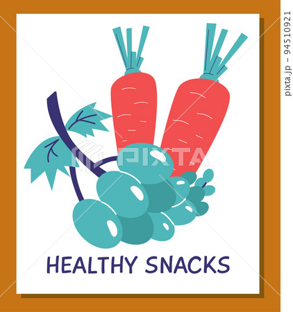 Healthy snack poster template with carrot and grapes, flat vector illustration. Healthy snack poster template with carrot and grapes, flat vector illustration. 94510921
