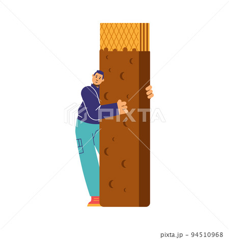 Tiny man embracing wafel chocolate snack bar, flat vector illustration isolated. Tiny man embracing wafel chocolate snack bar, flat vector illustration isolated. 94510968