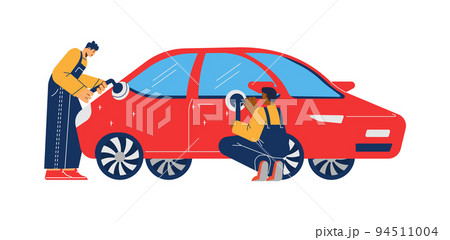 Auto repair shop workers polishing a car, flat vector illustration isolated. Auto repair shop workers polishing a car, flat vector illustration isolated. 94511004