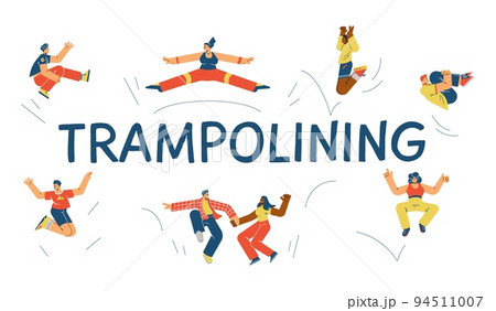 Trampolining sport and fitness activity banner header flat vector illustration. 94511007