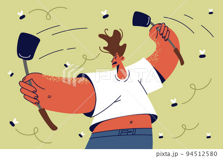 Unhappy man with fly swatters fight with bugs  94512580