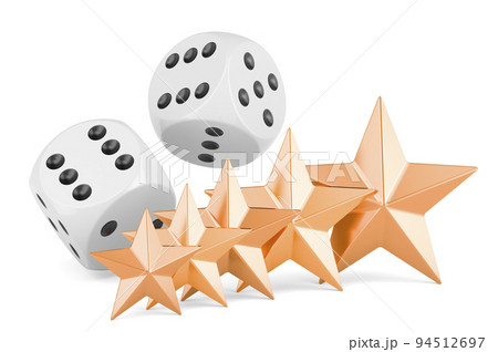 Dice with five golden stars, 3D rendering Dice with five golden stars, 3D rendering 94512697