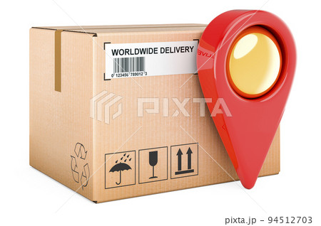 Map pointer with parcel. Parcel tracking concept. 3D rendering 94512703
