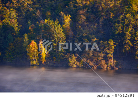 forest by the lake in autumn. trees on the shore in fall foliage. beautiful scenery with mist on the water on a warm sunny morning forest by the lake in autumn. trees on the shore in fall foliage. beautiful scenery with mist on the water on a warm sunny morning 94512891