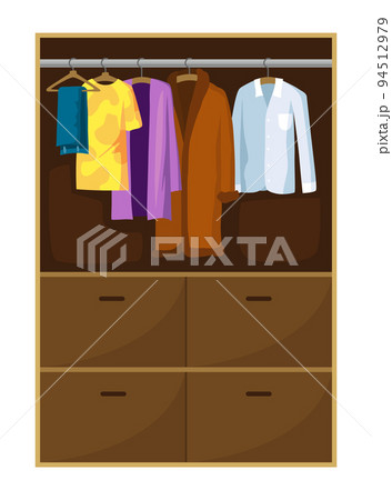 Clothes wardrobe room full of woman clothes. Furniture with shelves for accessories. Boutique interior design concept. Flat style vector illustration Clothes wardrobe room full of woman clothes. Furniture with shelves for accessories. Boutique interior design concept. Flat style vector illustration 94512979