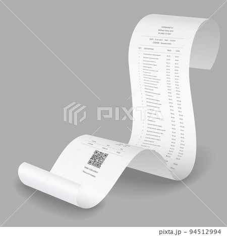 Payment check and receipts with shadow. Curved financial paper, purchase invoice. Buying, bill or calculate pay. Receipt the seller form 94512994