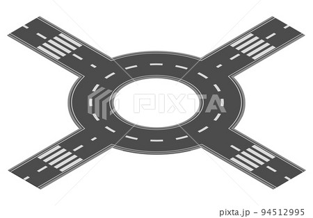 Isometric road element for highway city street map traffic creation. Asphalt part of road or route with curve, circle, cross and junction 94512995