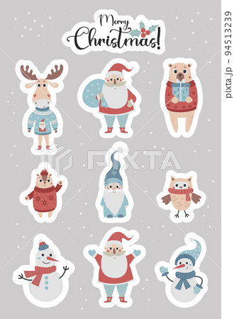 Set stickers of Christmas characters and animals. Santa Claus, gnome, snowman, bear and chipmunk, deer and owl in knitted clothes. Isolated vector cartoon characters for New Year design and decor. Set stickers of Christmas characters and animals. Santa Claus, gnome, snowman, bear and chipmunk, deer and owl in knitted clothes. Isolated vector cartoon characters for New Year design and decor. 94513239