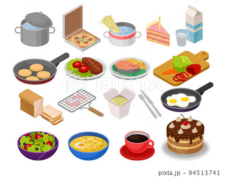 Food Cooking with Isometric Kitchenware, Culinary Equipment and Dish on Plate Big Vector Set 94513741