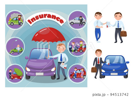 Car and Auto Vehicle Insurance with Man Agent with Certificate Vector Set 94513742