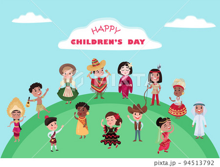 Happy Childrens Day with Kids Wearing National Costumes Of Different Countries Standing on Earth Globe Vector Illustration Happy Childrens Day with Kids Wearing National Costumes Of Different Countries Standing on Earth Globe Vector Illustration 94513792