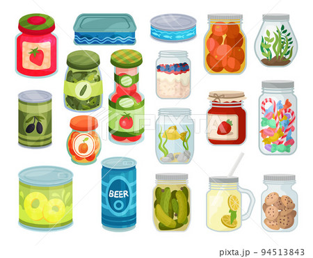 Cans and Jars with Preserved Food and Snacks Big Vector Set 94513843