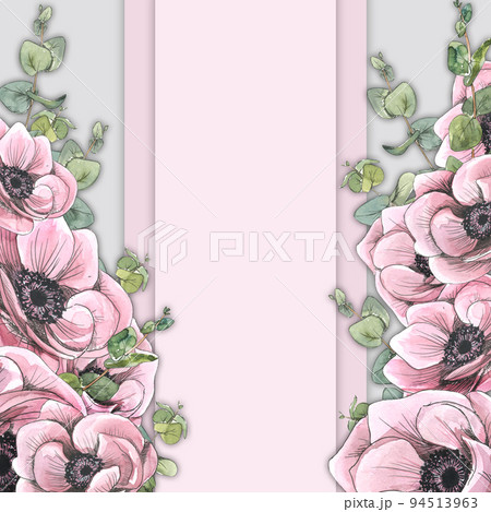 Pink anemone flowers with eucalyptus twigs. Watercolor illustration in sketch style with graphic elements. Board from a large set of PARIS. For the design and decoration of postcards, posters Pink anemone flowers with eucalyptus twigs. Watercolor illustration in sketch style with graphic elements. Board from a large set of PARIS. For the design and decoration of postcards, posters 94513963