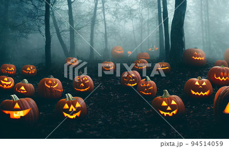 carved burning pumpkins in forest Halloween background carved burning pumpkins in forest Halloween background 94514059
